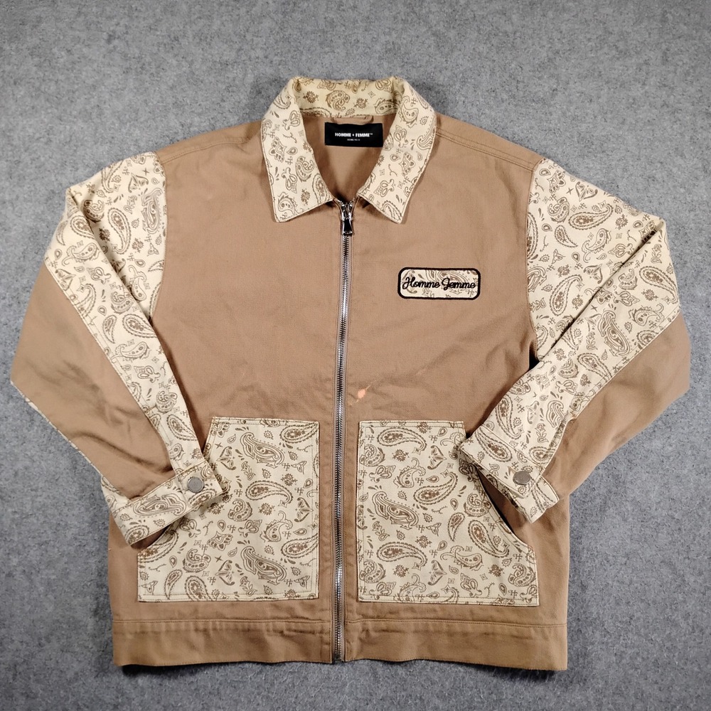 Homme Femme Paisley Denim Jacket‎ Mens Medium Tan Brown Workwear Zip Up Coat